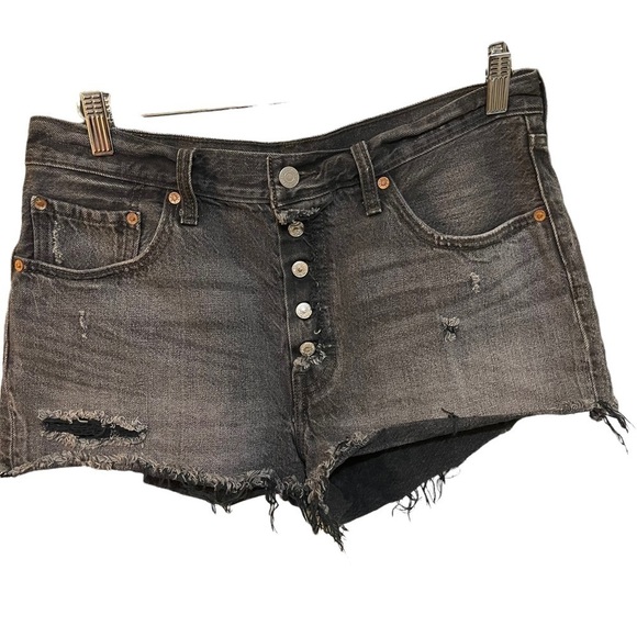 Levi's 501 Button Fly Cut Off Distressed‎ Jean Shorts Black Size 31 - Picture 3 of 9